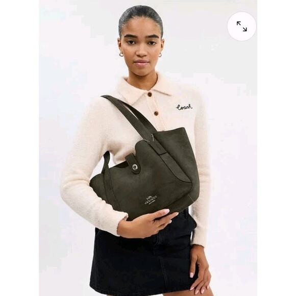 NWT COACH Hadley SUEDE Army Green Olive/ Gunmetal Leather Turnlock Tote Shoulder - Picture 3 of 6